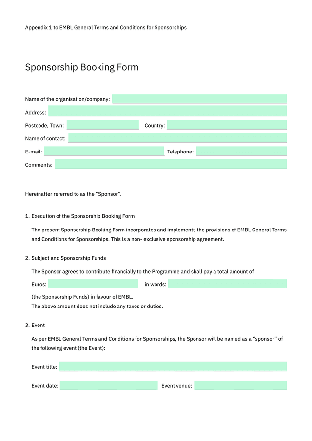 Sponsorship Booking Form screenshot