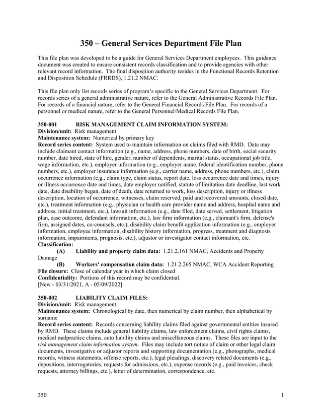 350  General Services Department File Plan screenshot