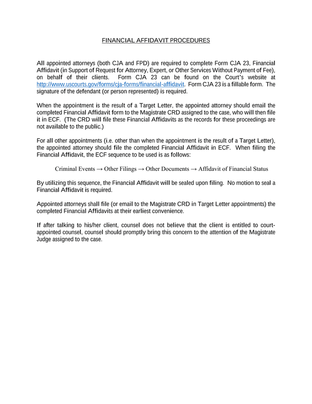 Financial Affidavit Procedures screenshot