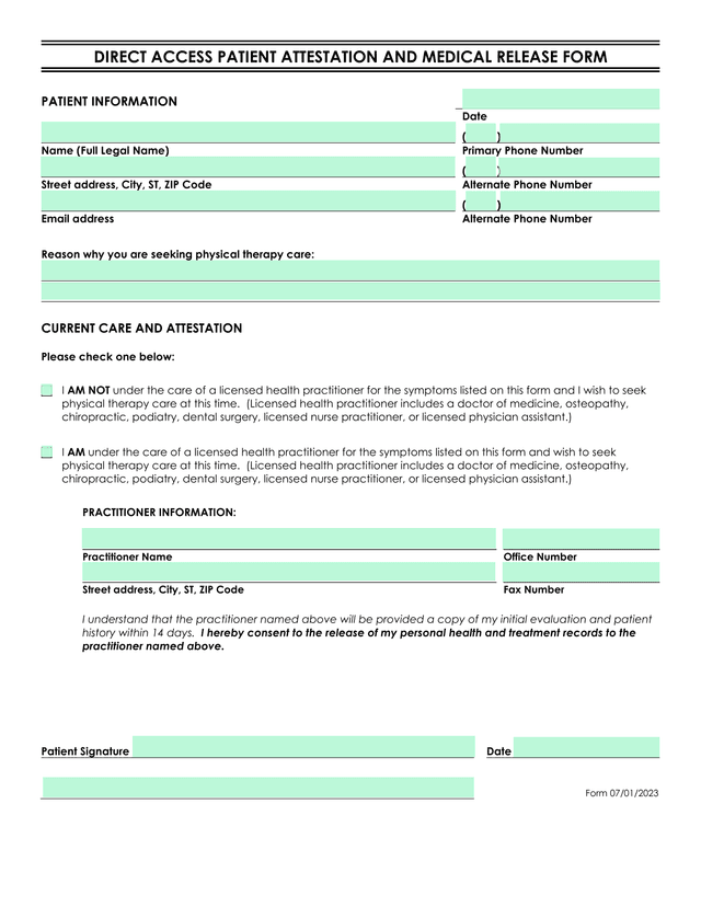 DIRECT ACCESS PATIENT ATTESTATION AND MEDICAL RELEASE FORM screenshot
