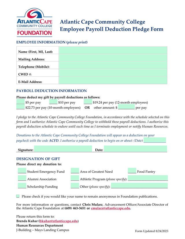 Employee Payroll Deduction Pledge Form screenshot