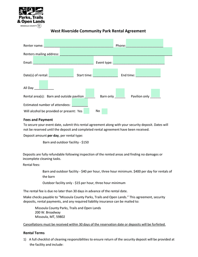West Riverside Community Park Rental Agreement screenshot