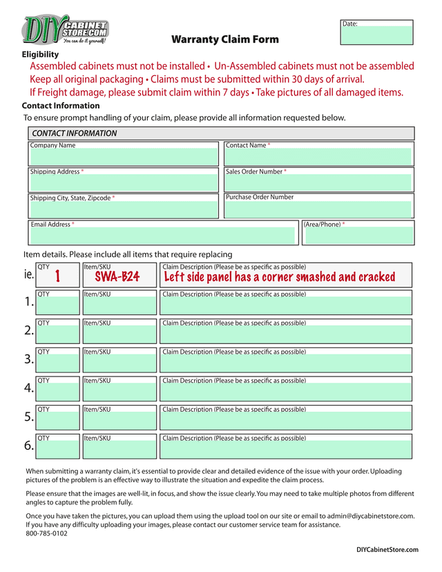 Warranty Claim Form screenshot