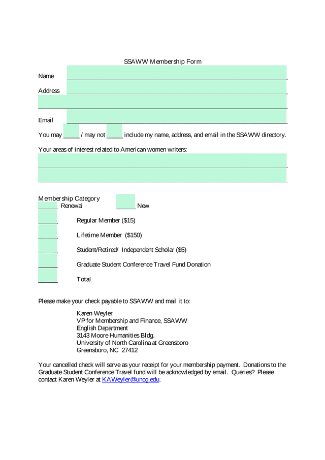 SSAWW Membership Form screenshot