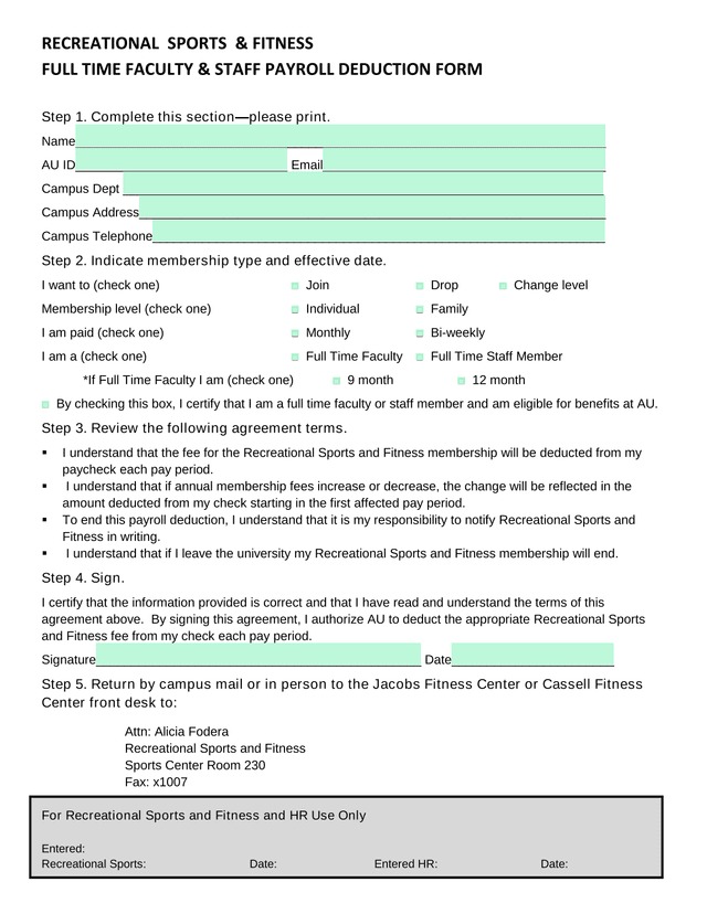 Recreational Sports  Fitness Full Time Faculty  Staff Payroll Deduction Form screenshot