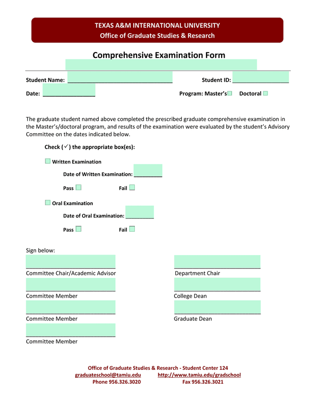 Comprehensive Examination Form screenshot