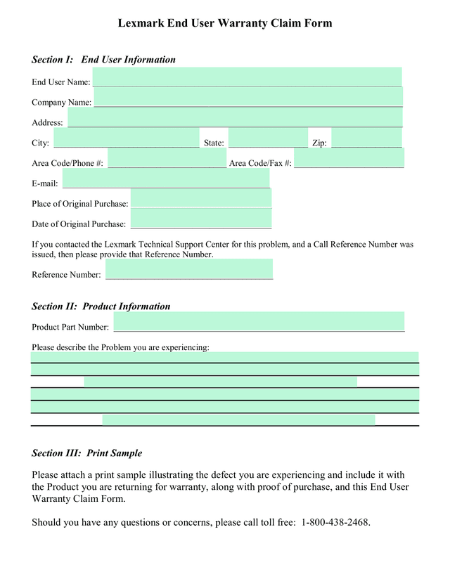 Lexmark End User Warranty Claim Form screenshot