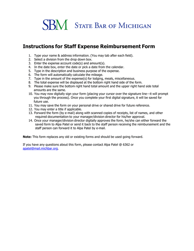 Staff Expense Reimbursement Form screenshot