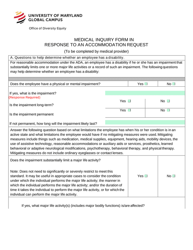 Medical Inquiry Form In Response To An Accommodation Request screenshot