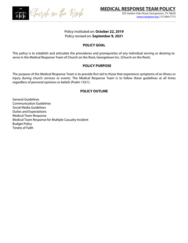 Medical Response Team Policy screenshot