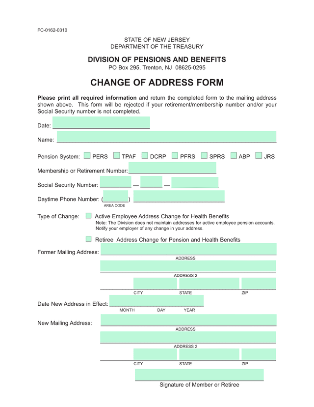 Change Of Address Form screenshot