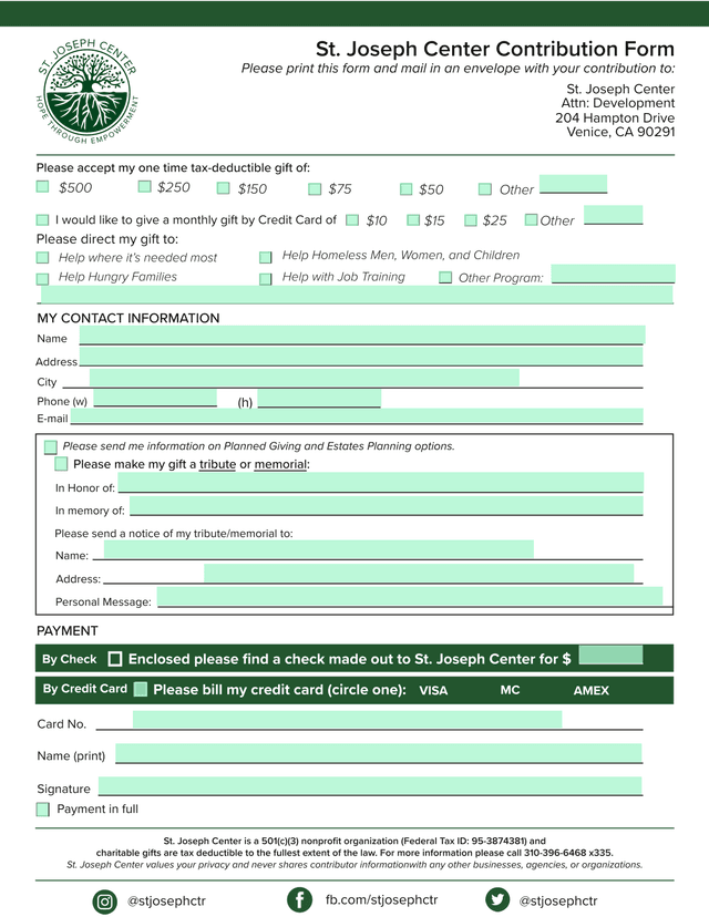 St. Joseph Center Contribution Form screenshot