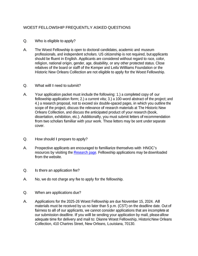 WOEST FELLOWSHIP FREQUENTLY ASKED QUESTIONS screenshot