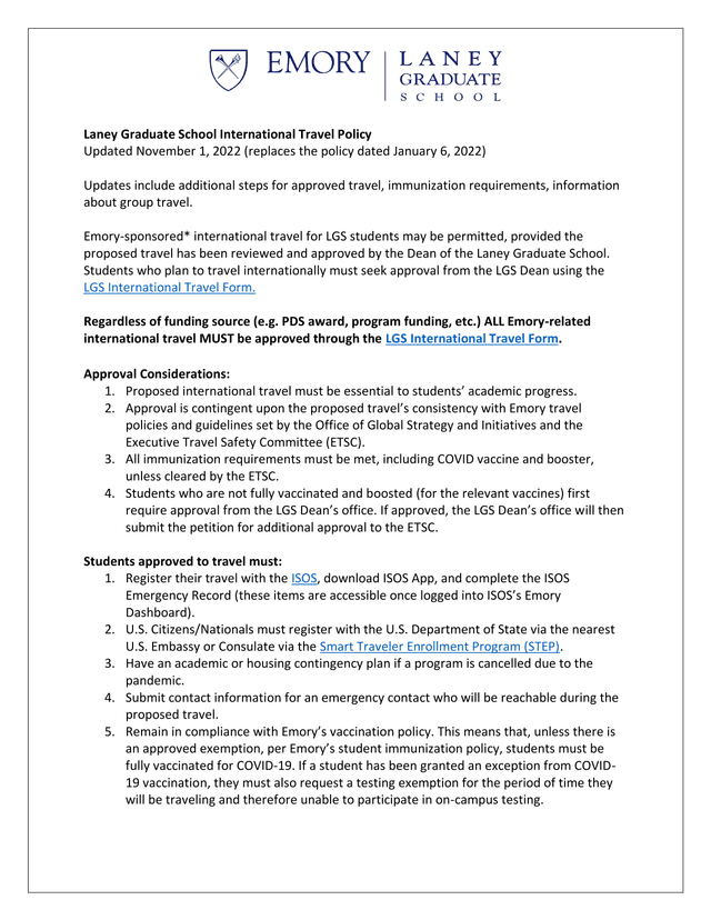 Laney Graduate School International Travel Policy screenshot