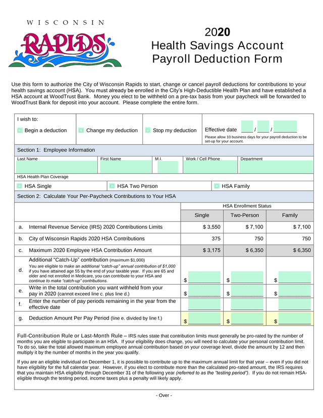 HSA Payroll Deduction Authorization Form screenshot
