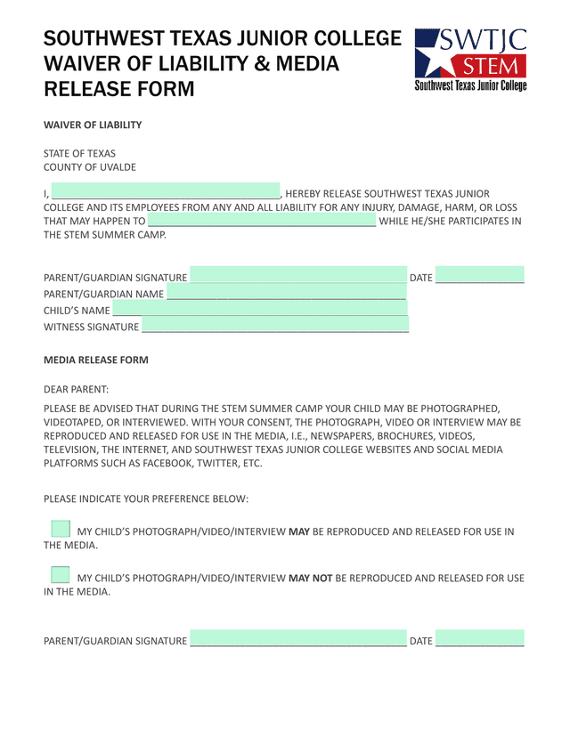 SOUTHWEST TEXAS JUNIOR COLLEGE WAIVER OF LIABILITY  MEDIA RELEASE FORM screenshot