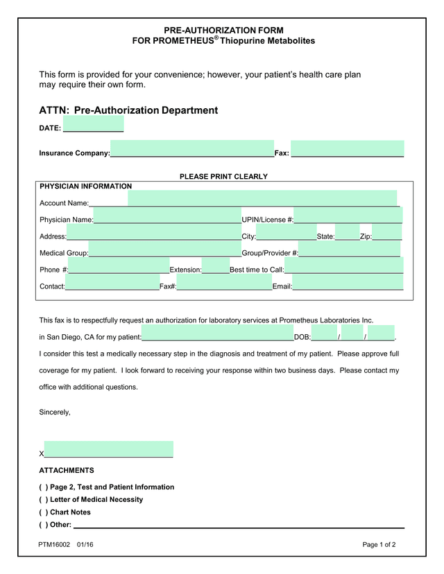 PRE AUTHORIZATION FORM FOR PROMETHEUS Thiopurine Metabolites screenshot