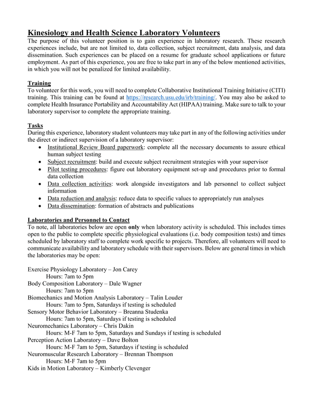 Kinesiology And Health Science Laboratory Volunteers screenshot