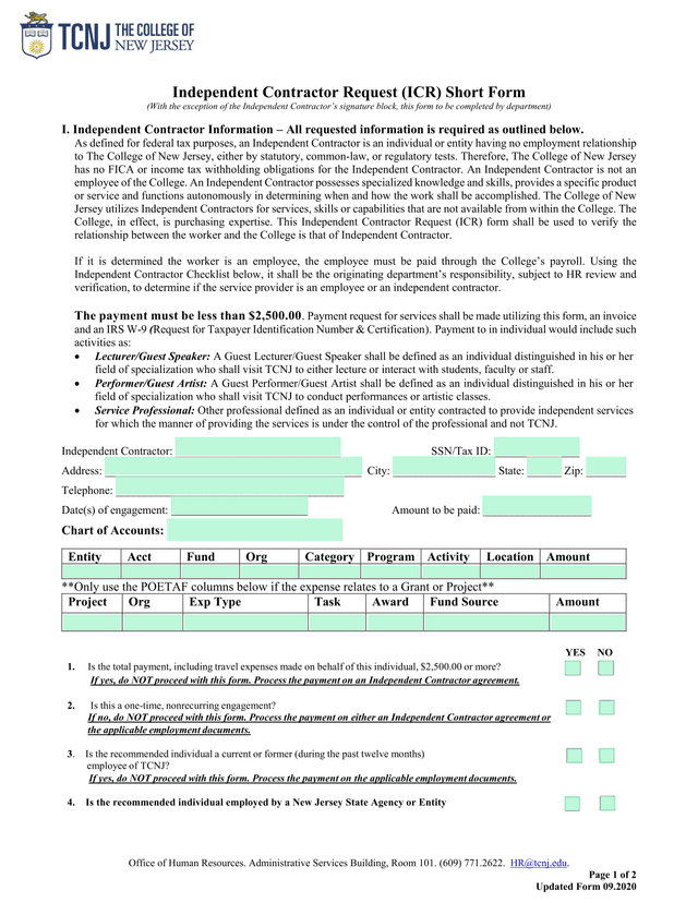 Independent Contractor Request (ICR) Short Form screenshot