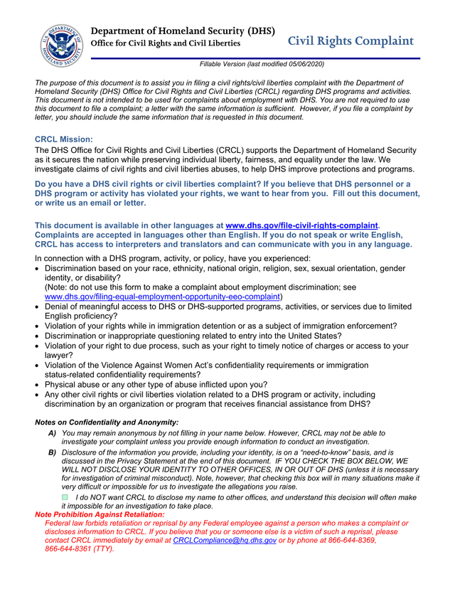 Civil Rights Complaint screenshot