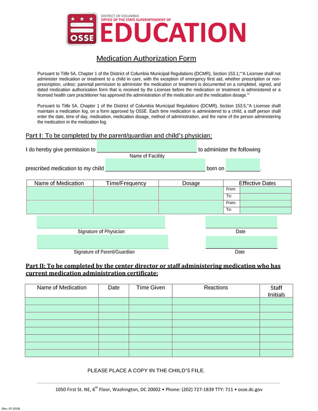 Medication Authorization Form screenshot