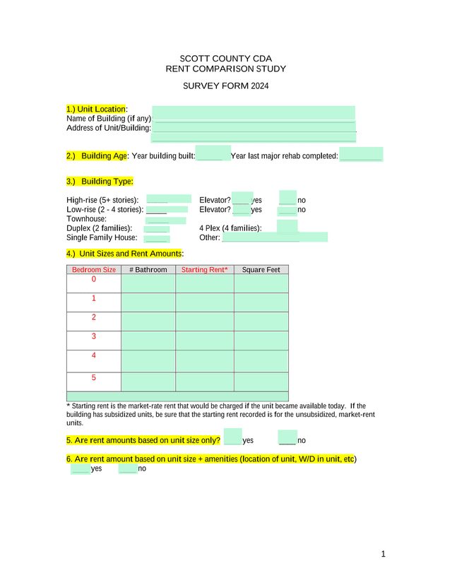 Scott County CDA Rent Comparison Study Survey Form 2024 screenshot