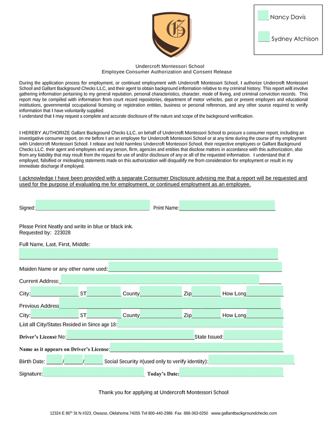 Employee Consumer Authorization And Consent Release screenshot