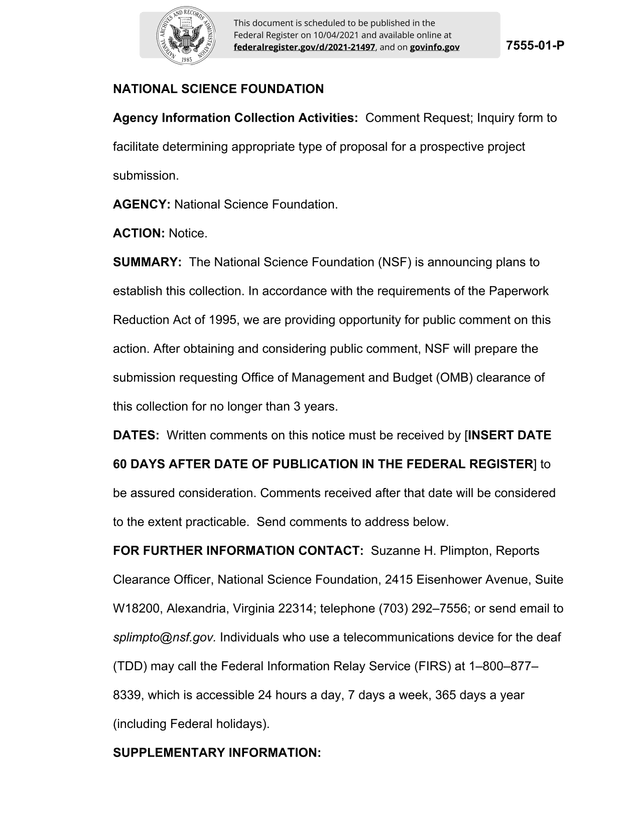 Inquiry Form For NSF Project Proposal Submission screenshot