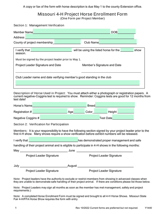 Missouri 4 H Project Horse Enrollment Form screenshot