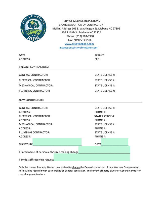 CITY OF MEBANE INSPECTIONS CHANGEADDITION OF CONTRACTOR screenshot