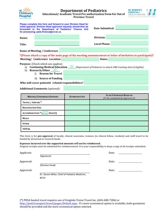 EducationalAcademic Travel Pre Authorization Form For Out Of Province Travel screenshot