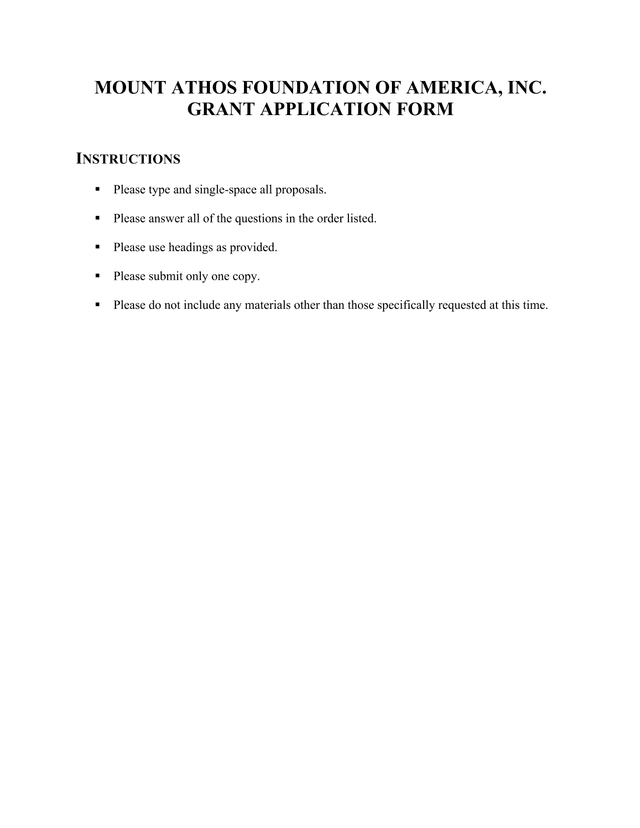 Mount Athos Foundation Of America, Inc. Grant Application Form screenshot