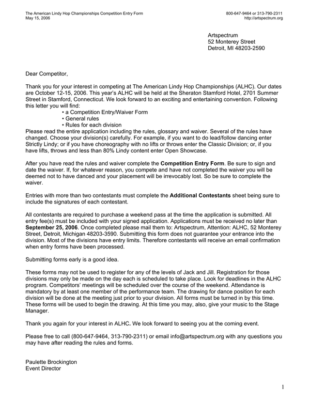 The American Lindy Hop Championships Competition Entry Form screenshot