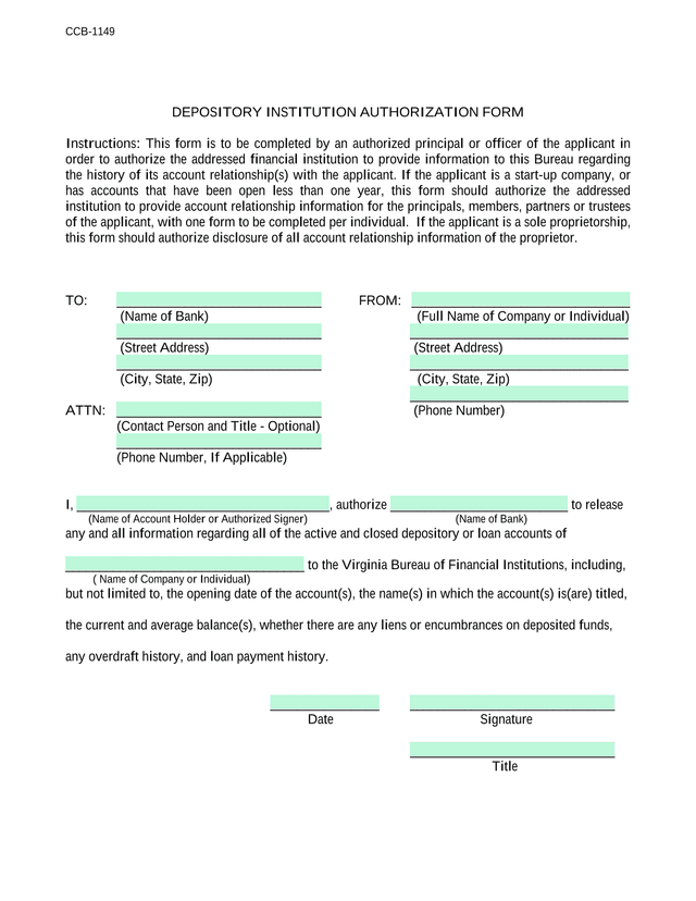 CCB 1149 Depository Institution Authorization Form screenshot