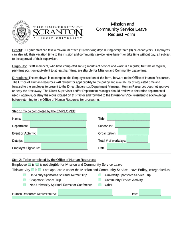 Mission And Community Service Leave Request Form screenshot