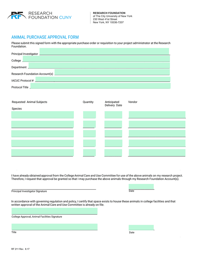 Animal Purchase Approval Form screenshot
