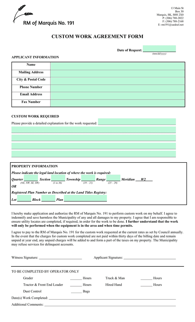 CUSTOM WORK AGREEMENT FORM screenshot