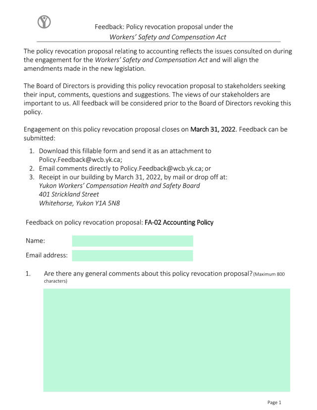 Feedback Policy Revocation Proposal Under The Workers Safety And Compensation Act screenshot