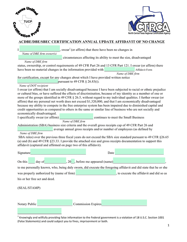 TUCP ACDBEDBESBEC Certification Annual Update Affidavit Of No Change screenshot
