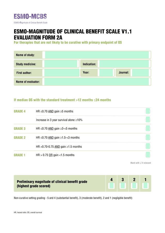 ESMO Magnitude Of Clinical Benefit Scale V1.1 Evaluation Form 2A screenshot