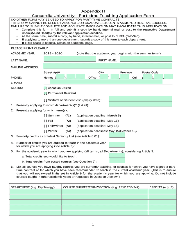 Concordia University   Part Time Teaching Application Form screenshot