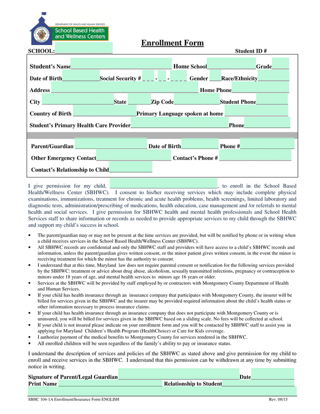 SBHC 104 1A EnrollmentInsurance Form ENGLISH screenshot