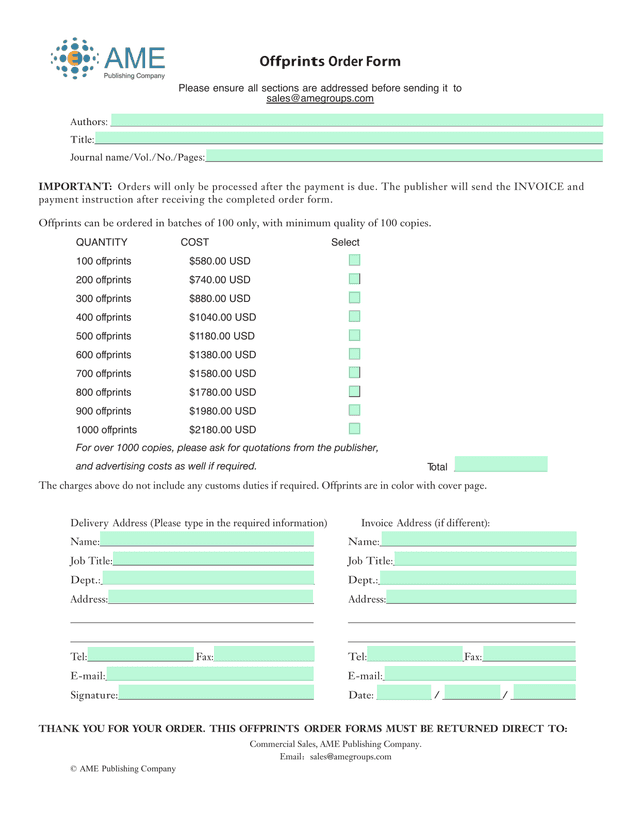 Offprints Order Form screenshot
