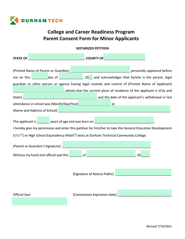 College And Career Readiness Program Parent Consent Form For Minor Applicants screenshot