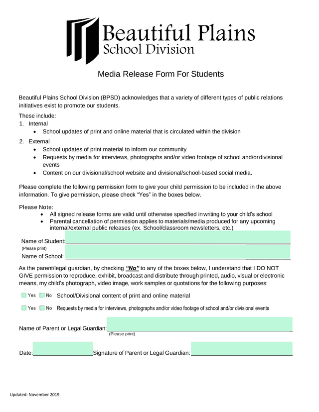 Media Release Form For Students screenshot