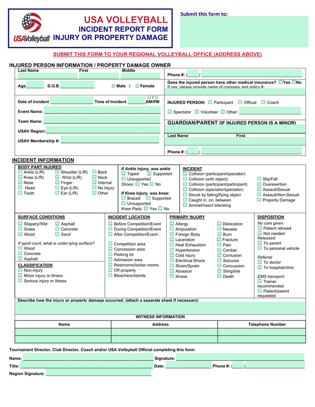 USA Volleyball Incident Report Form screenshot
