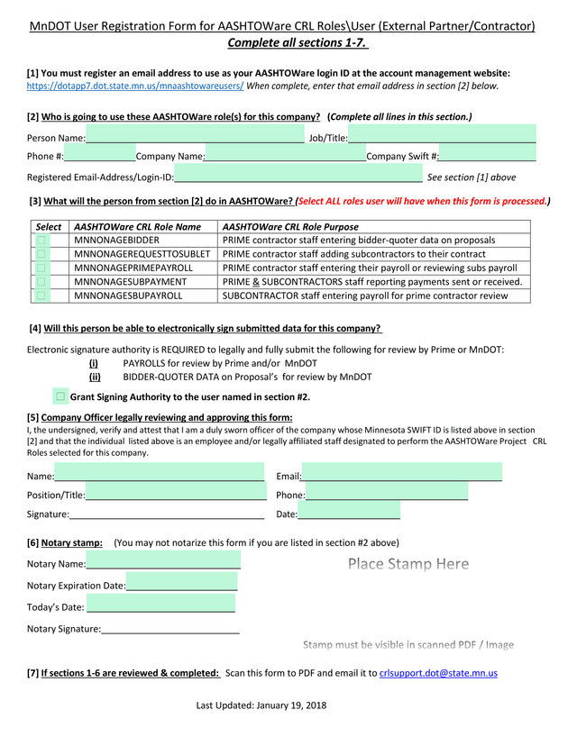 MnDOT User Registration Form For AASHTOWare CRL RolesUser (External PartnerContractor) screenshot