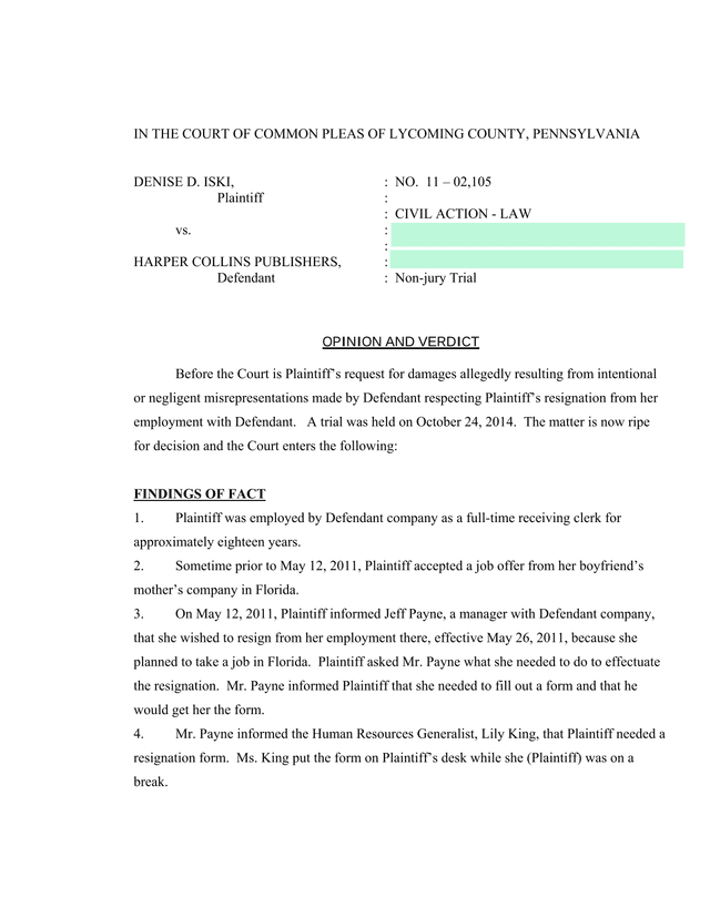 Opinion And Verdict   Iski V. Harper Collins Publishers screenshot