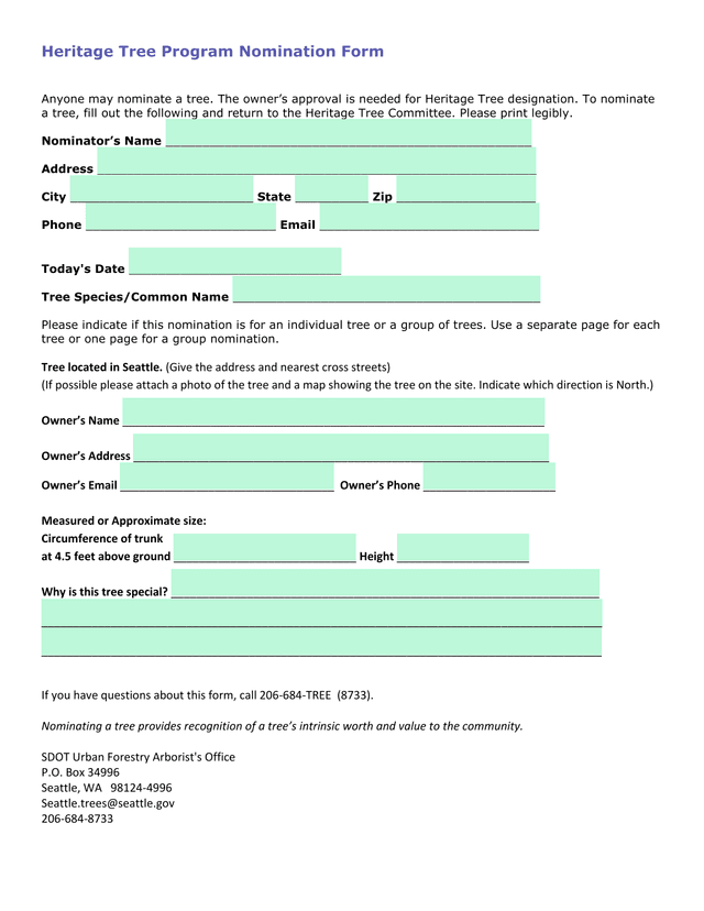 Heritage Tree Program Nomination Form screenshot