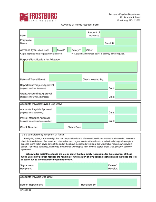 Advance Of Funds Request Form screenshot